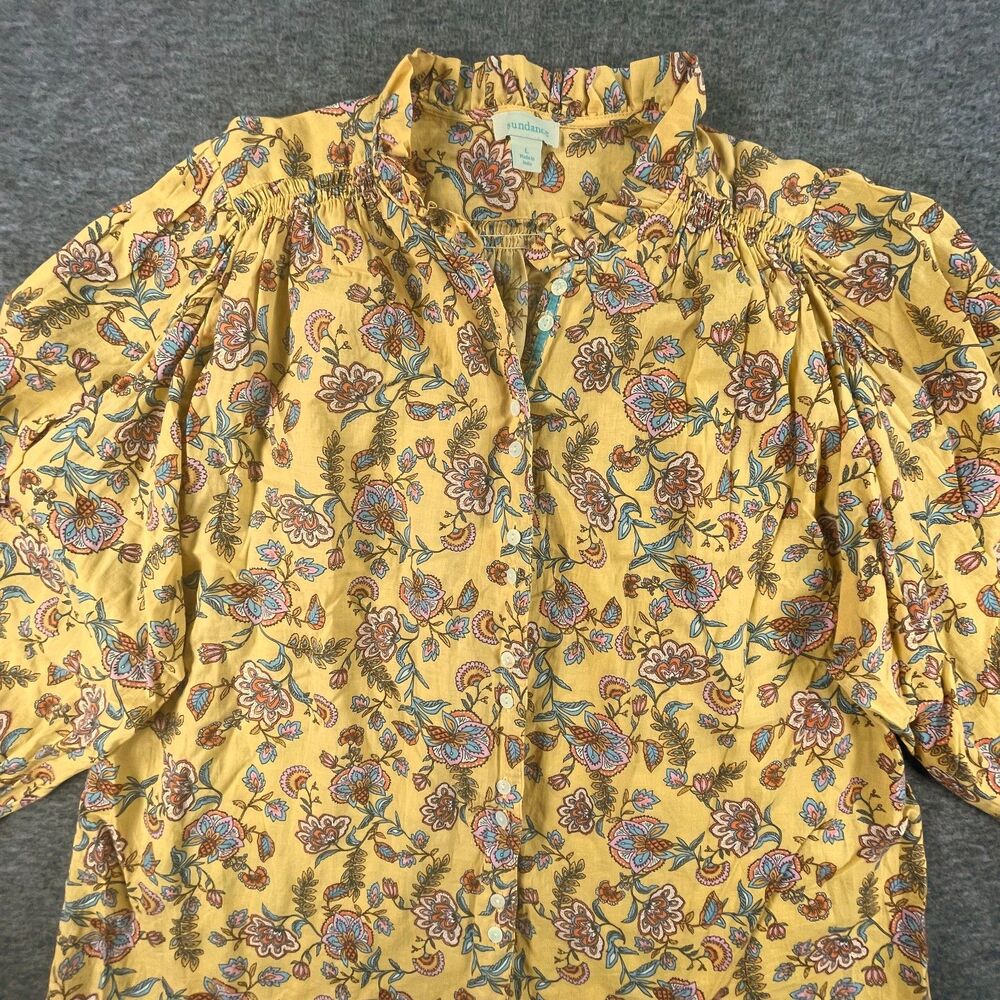 Sundance Floral Cotton Prairie Blouse L Yellow Ruffle Balloon Sleeve Peasant Top - Picture 3 of 9